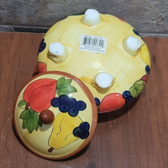 Vintage Ceramic Serving Bowl with Lid Footed Fruit Design - Picture 8 of 10